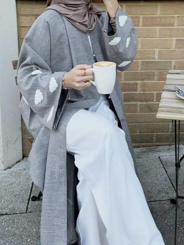 Women's Cloud Patched Flounce Sleeve Open Front Abaya without Hijab, Arabic Clothing, Casual Long Sleeve Outerwear, Ladies Cl...