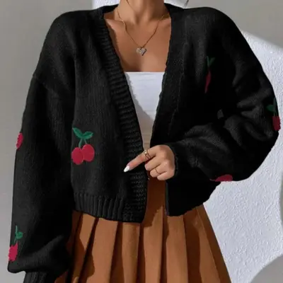 Embroidered Open Front Women's Graphic Cherry Cardigan Open Front Cable Knit Lantern Sleeve Cropped Cardigan Sweater