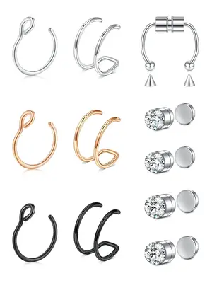 Rhinestone Decorated Fake Nose Ring (13pcs/set), Stainless Steel Magnetic Nose Ring, Non-piercing Nose Ring for Women & Men, ...