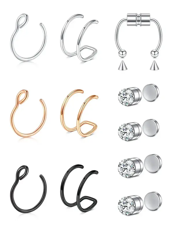 Rhinestone Decorated Fake Nose Ring (13pcs/set), Stainless Steel Magnetic Nose Ring, Non-piercing Nose Ring for Women & Men, ...