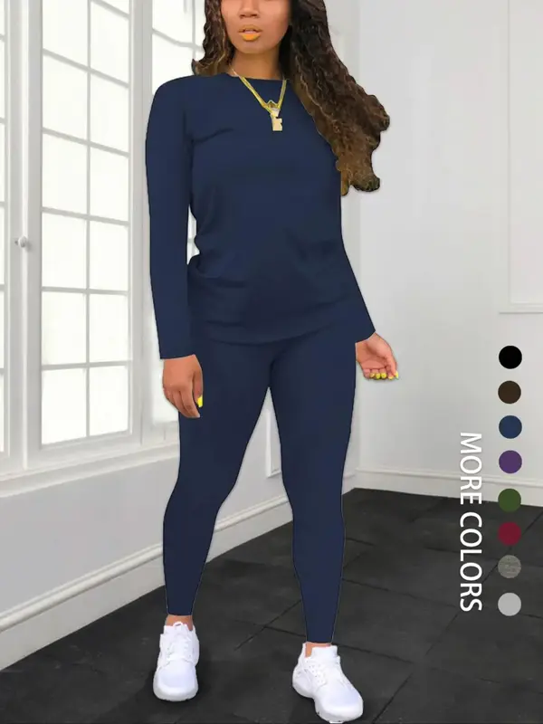 Women's Solid Long Sleeve Tee & Elastic Waist Pants Set, Casual Round Neck Top & Trousers for Spring & Fall, Women's Clothing...