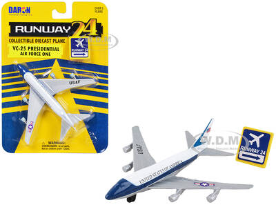 Boeing VC-25 Aircraft White and Blue United States of America - Air Force One with Runway 24 Sign Diecast Model Airplane by R...