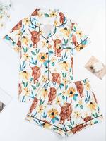 Women's All Over Floral Print Button Front Pocket Shortsleeve Shirt & Elastic Waist Lounge Shorts Pajama Two-piece Set, Casua...