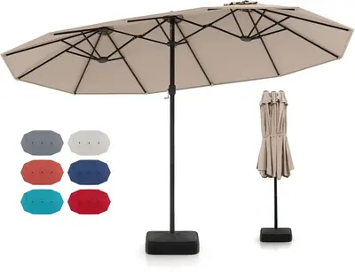 COSTWAY 15/13ft Heavy Duty Double-Sided Patio Umbrella with Base Included, 12 Metal Ribs, Air Vents, Crank System & Sand Bags...