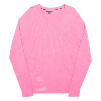 TOMMY HILFIGER Womens Jumper Pink V-Neck Cable Knit XL