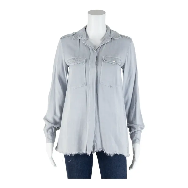 ZARA PREMIUM DENIM Frayed Hem Grey Collared Long Sleeve Button-Up Womens XS