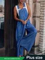 【Plus Size】 Solid Color Denim-effect Print Overalls, Fashion Sleeveless Pocket Overalls for Daily Outdoor Wear, Women's P...