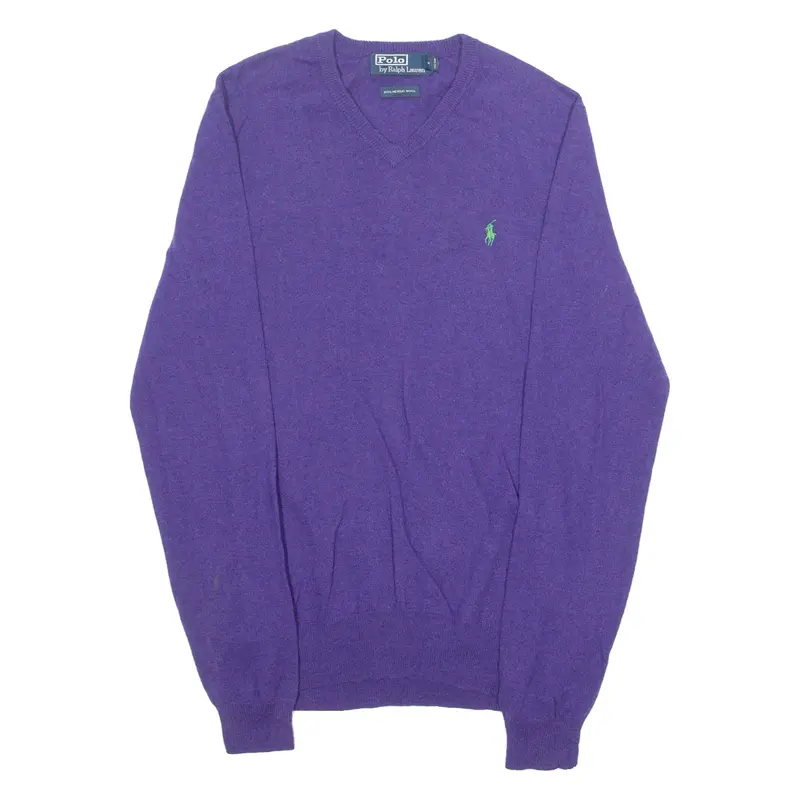 POLO RALPH LAUREN Mens Jumper Purple V-Neck Tight Knit Wool S