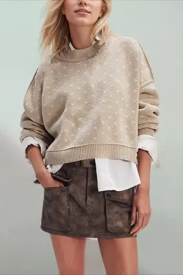 Heart Print Loose Fit Cropped Women Crop Sexy Heart Pullover Knit Sexy Fashion Sweater Long Sleeve Sweatshirt Fall Winter Jum...