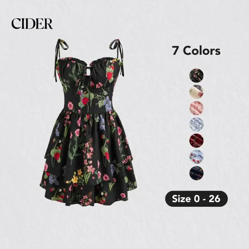 Cider Women's Lightweight Floral A-Line Dress with Adjustable Bust Tie-Front, Puff & Off-Shoulder Sleeves, Stretchy Back Desi...