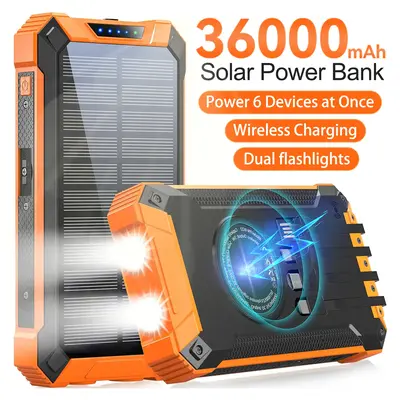 36000mAh Solar Charger Power Bank Wireless Charger Built in 4 Cables 6 Outputs, 18W Charging Power Bank for All Mobile Device...