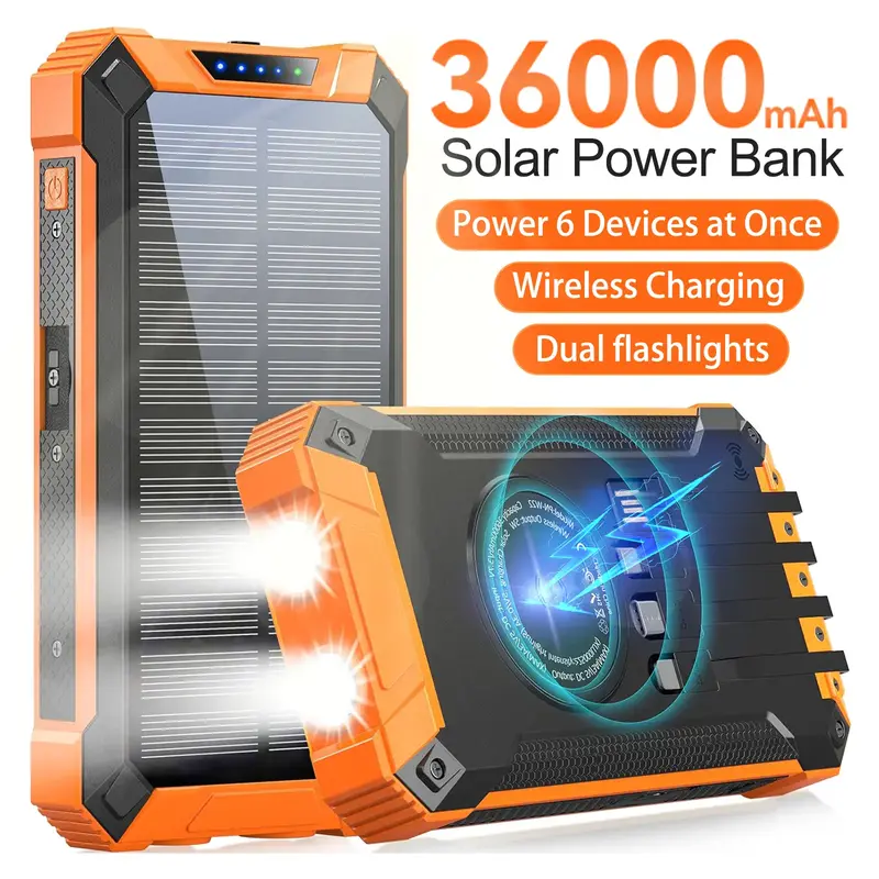 36000mAh Solar Charger Power Bank Wireless Charger Built in 4 Cables 6 Outputs, 18W Charging Power Bank for All Mobile Device...