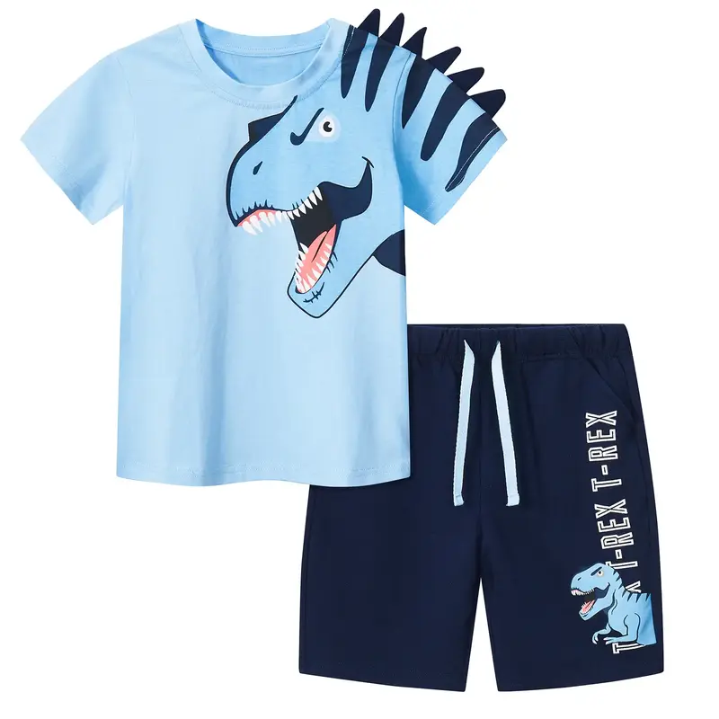 Kids Little Boy Clothes Outfits Dinosaur Summer Cotton Short Sleeve T-shirt Tee and Short Clothing Set Lt Blue Size 2-7 Years