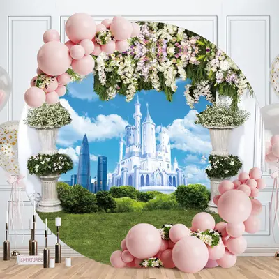 Blue Castle And Floral Round Wedding Backdrop - Aperturee