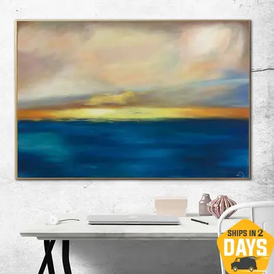 Original Art Large Blue Painting Ocean Painting Wall Art Sunset Painting With Frame Canvas Paintings Original Contemporary Ar...