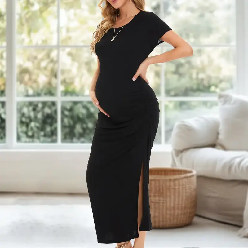 Smallshow Women's Split Long Maternity Dress Short Sleeve Ruched Pregnancy Clothes