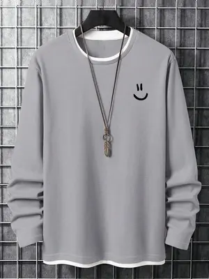 Men's 2 in 1 Cartoon Face Print Drop Shoulder Crewneck Tee without Necklace, Menswear, Casual Regular Fit Longsleeves Crewnec...