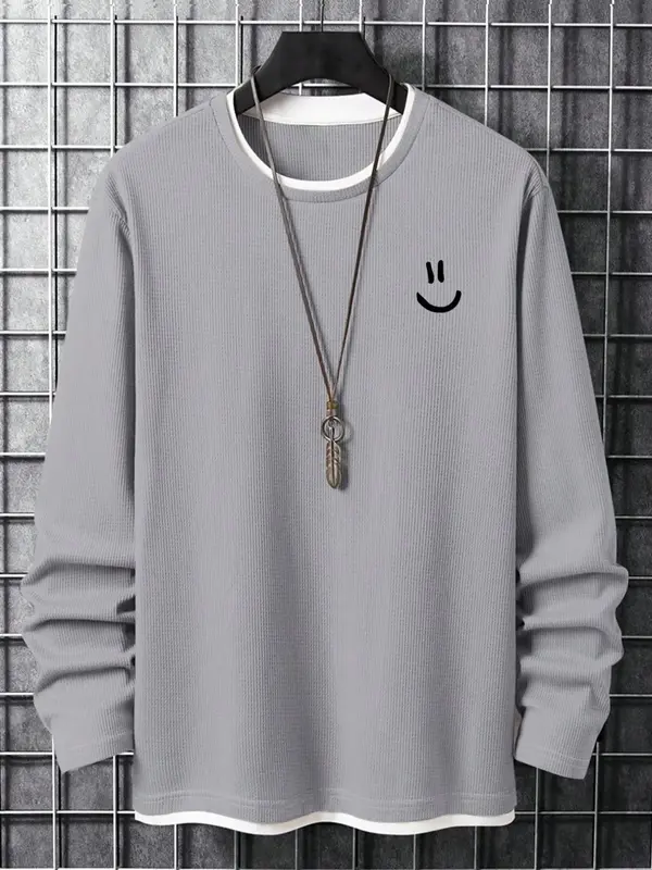 Men's 2 in 1 Cartoon Face Print Drop Shoulder Crewneck Tee without Necklace, Menswear, Casual Regular Fit Longsleeves Crewnec...