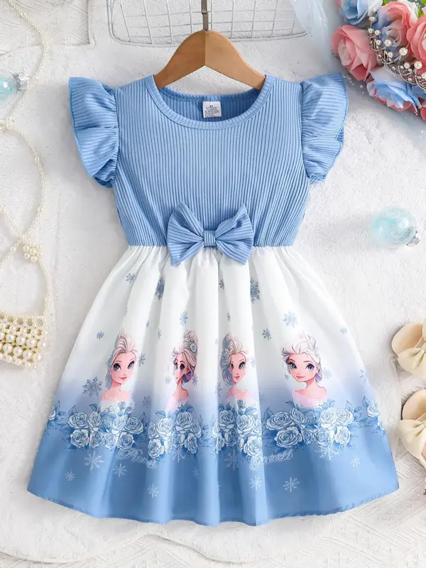 Girl's Cartoon Print Bow Decor Dress, Cute Casual Soft Comfy Butterfly Sleeve Dress for Daily Wear, Kids Clothing for Summer