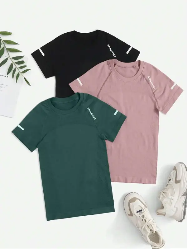 Women's Letter Print Raglan Sleeve Sports Tee, Round Neck Short Sleeve T-Shirt, Ladies Sportswear for Yoga Gym Workout, Fitne...