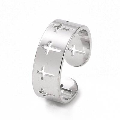 Non-Tarnish 304 Stainless Steel Hollow Out Cross Open Cuff Ring for Women