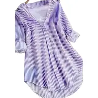 Stripe Print Button Front Blouse, Casual Long Sleeve Blouse For Spring & Fall, Women's Clothing Polyester Shirts Top Womenswe...