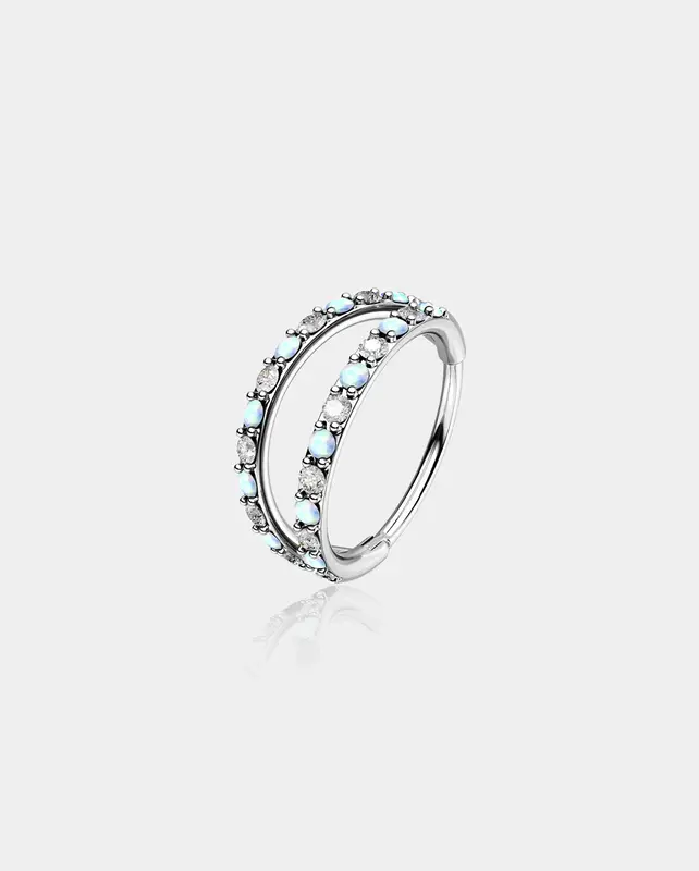 Alternating Opal/ CZ Double Hoop Nose Ring - Clear / 9mm