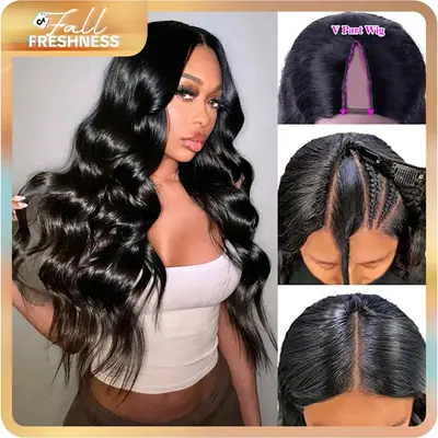 【Updated with Drawstring】Mamushow V Part Wigs With invisible strap Drawstring Wigs Body Wave Human Hair Glueless Wig 180%...