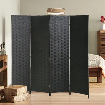 Room Divider, 6FT(H) Wood Screen, 4 Panels Wood Mesh Woven Design Room Privacy Screen Divider, Indoor Temporary Wall Folding ...