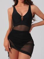 Women's Solid Color Irregular Hem Sheer Mesh Swimsuit, Sexy Fashion Chic One-piece Swimwear for Beach Holiday Vacation, Ladie...