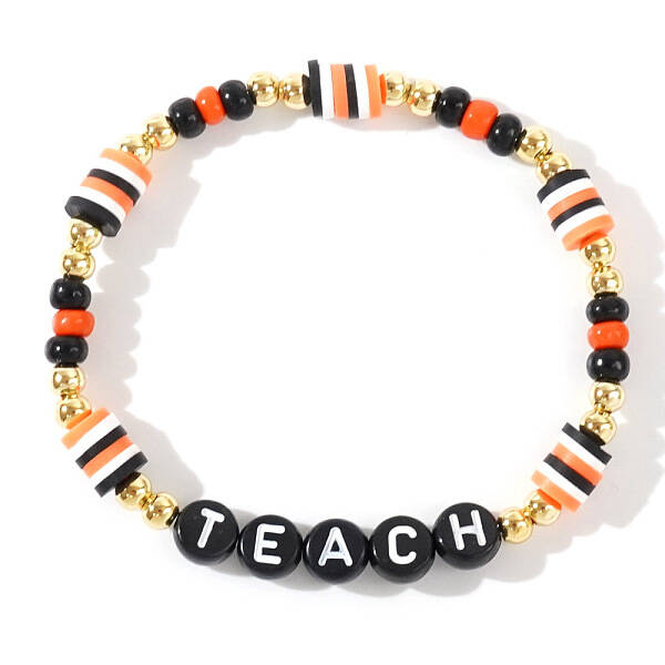 Adjustable Halloween Punk Style TEACH Polymer Clay & Brass Stretch Beaded Bracelets in Black