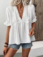 Women's Swiss Dot V Neck Blouse, Casual Short Sleeve Top for Summer, Women's Clothing for Daily Wear