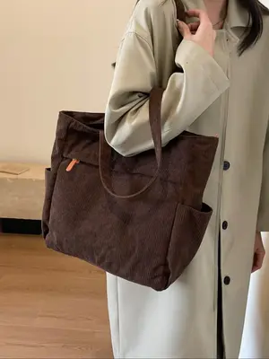 1 Piece Women's Elegant Corduroy Soft Tote Bag, Simple Plain Large Capacity Shoulder Bag, Fashionable Versatile Tote Bag for ...