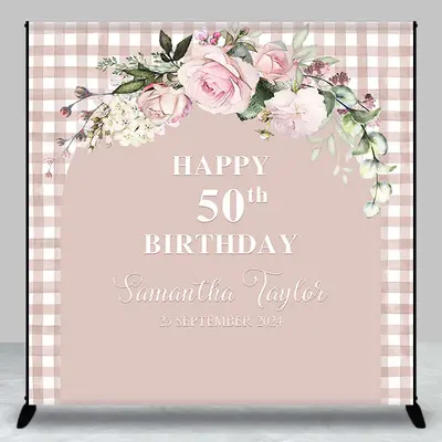Pink Plaid Arch Floral Custom 50th Birthday Backdrop - Aperturee