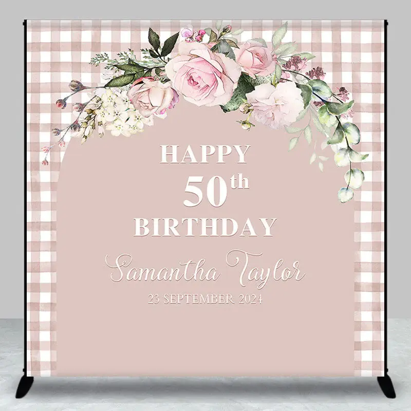 Pink Plaid Arch Floral Custom 50th Birthday Backdrop - Aperturee