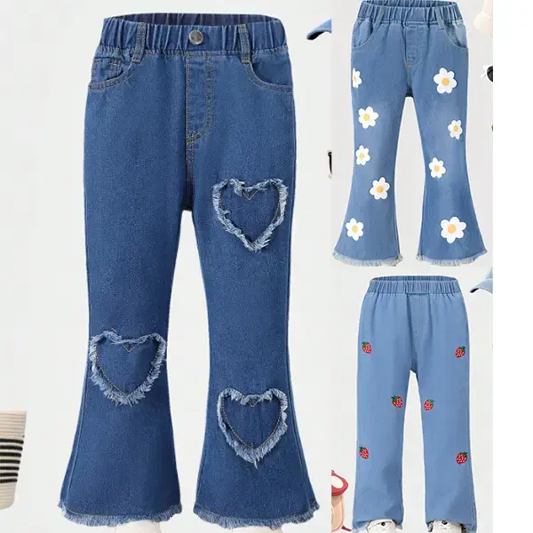 Ready Stock 4y,5y,6y,7y Kid Toddler Girls Jeans Embroidery/Floral/Strawberry Denim Pants Blue Casual