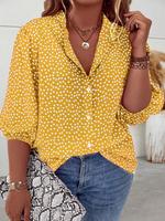 【Plus Size】 Ditsy Floral Print Curved Hem Shirt, Casual Rolled Sleeve Collared Top for Daily Wear, Women Plus Clothing fo...