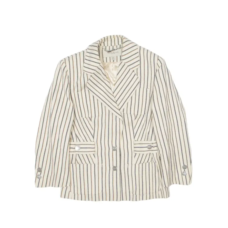 KAREN MILLEN Linen Blend Blazer Jacket Cream Striped Womens UK 6