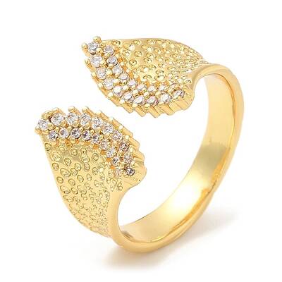 Rack Plating Brass Leaf Open Cuff Rings with Cubic Zirconia