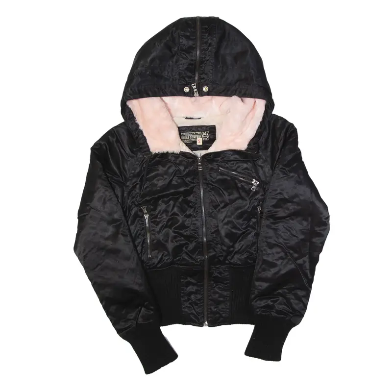 GUESS Hooded Bomber Jacket Black Nylon Womens S