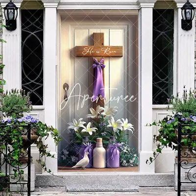 Aperturee Vase Floral Wood Cross He Is Risen Easter Door Cover, 30x80 Inch, 28.48 USD, easter door covers, LZML100A-A