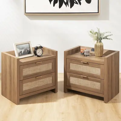 SICOTAS Night Stand Set of 2 - Rattan Nightstands with Type-C Charging Station &  Rattan Drawer - 15.4\