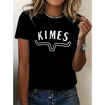 1pc KIMES Women'S Casual T-Shirt - Round Neck, Short Sleeve, Geometric Letter Print, All-Season Comfort, Machine Washable, Bl...
