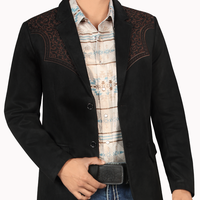 MONTERO MENS Western Embroidery BLACK FABRIC BROWN WMBROIDERY Double Button Blazer MT2182 Faux Suede, Medium Length, Hand Was...