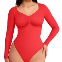 FeelinGirl Womenswear Seamless Sculpt Long Sleeve Thong Bodysuit for Tummy Control V Neck Going Out Fabric Comfortable