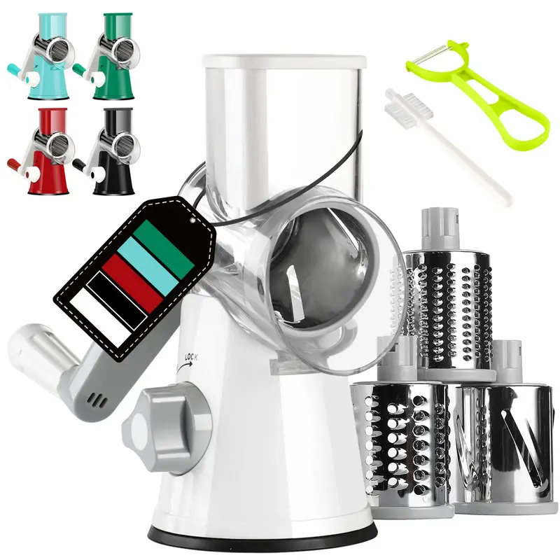 Ourokhome Rotary Cheese Grater Christmas Gift Vegetable Slicer Kitchen Gadget 3 Stainless Steel Drums Strong Suction Base Ute...