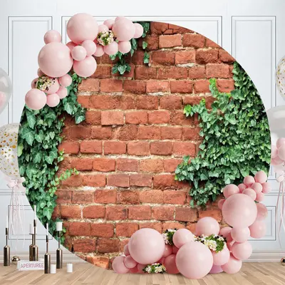 Aperturee Brick And Green Leaves Round Happy Birthday Backdrop