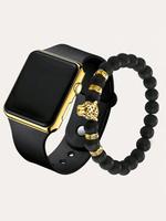 Men's Fashion Animal Design Beaded Bracelet & Electronic Watch, Minimalist Watch Set for Daily Use, Fashion Watch Set for Par...