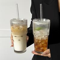 Large Capacity Striped Tumbler with Lid, 1 Count Insulated Glass Drinking Cup, Reusable Clear Glass Cup for Cold Drinks, Juic...