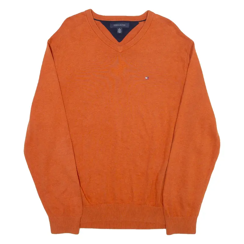 TOMMY HILFIGER Mens Jumper Orange V-Neck Tight Knit XL